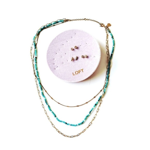 LOFT Jewelry - Beautiful Loft Layered Necklace Teal Gold + 3 Earring Pairs (NEW)